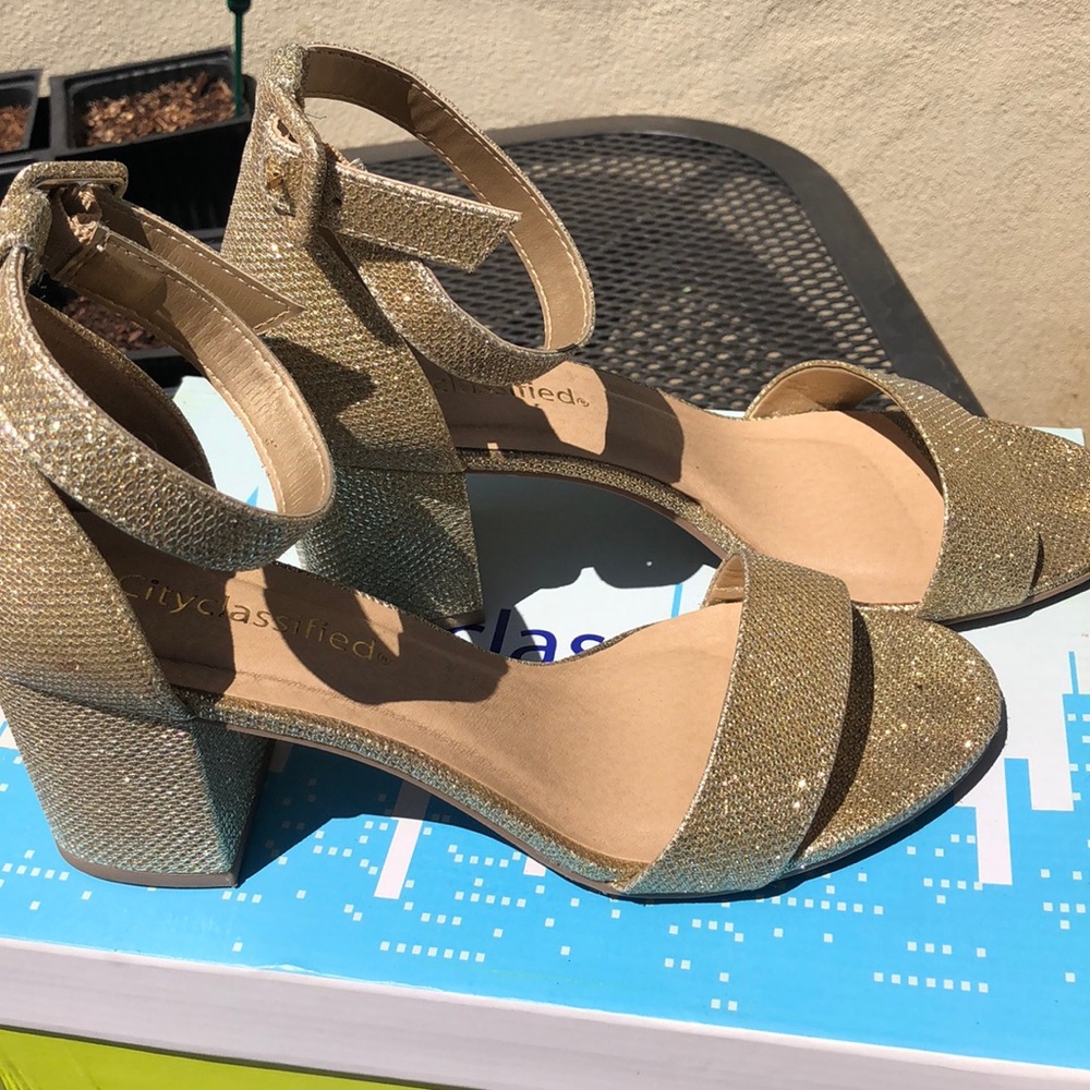 Gold Shimmer Open Toe Block Heels